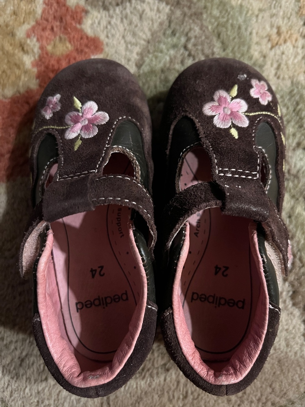 Kids Floral Mary Jane Shoes in Dark Brown Suede Leather - size 7.5-8